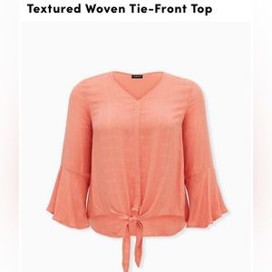Textured Woven Tie-Front Top - Coral